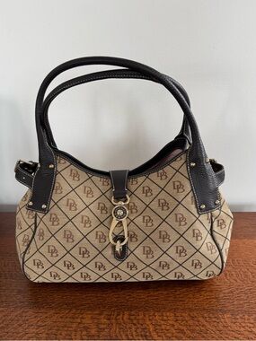 EUC Dooney & Bourke Beige Monogram Lock Satchel with Dark Brown Trim